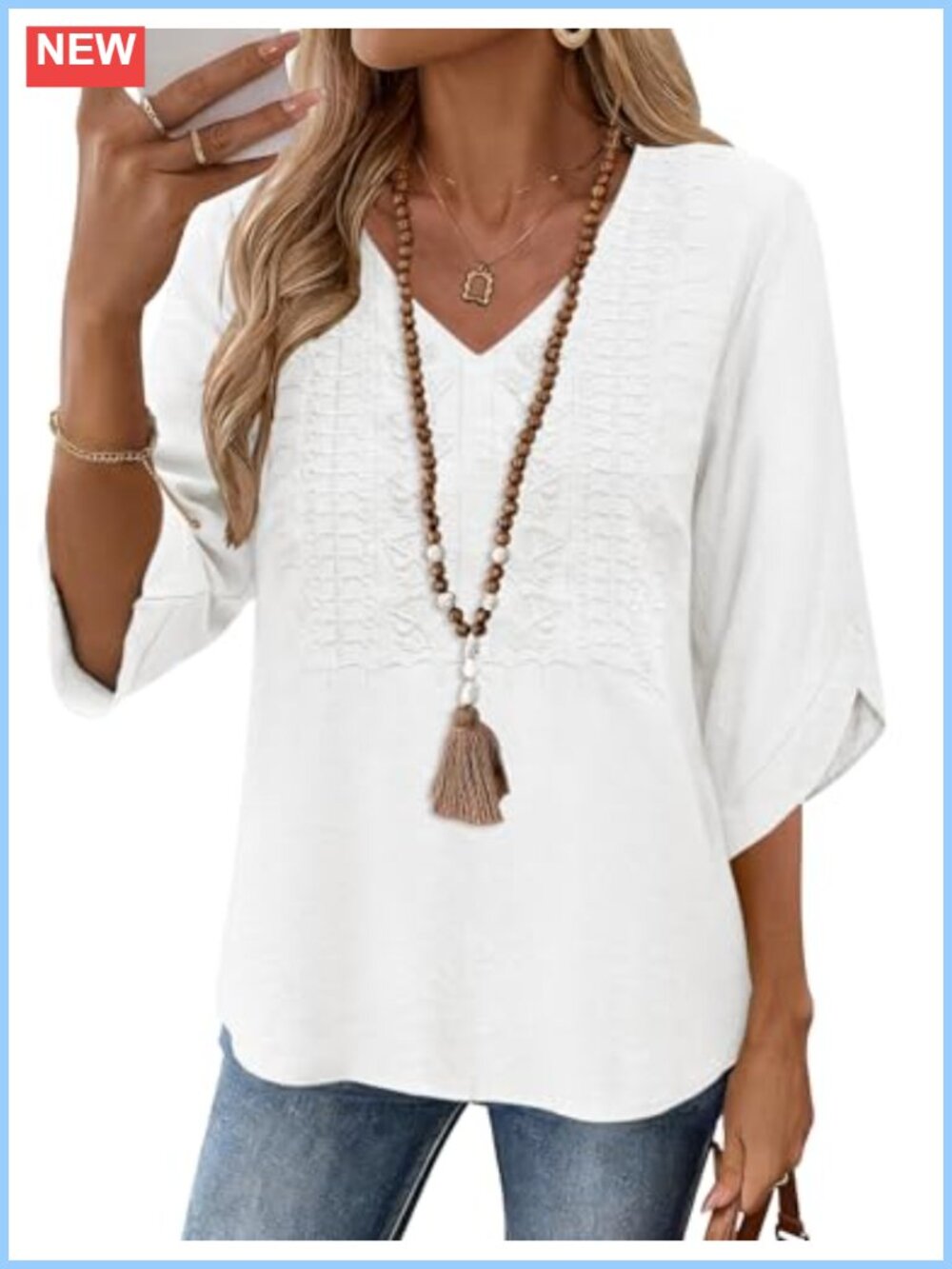 Women's V-Neck 3/4 Bell Sleeve Embroidered Blouse Rayon Blend